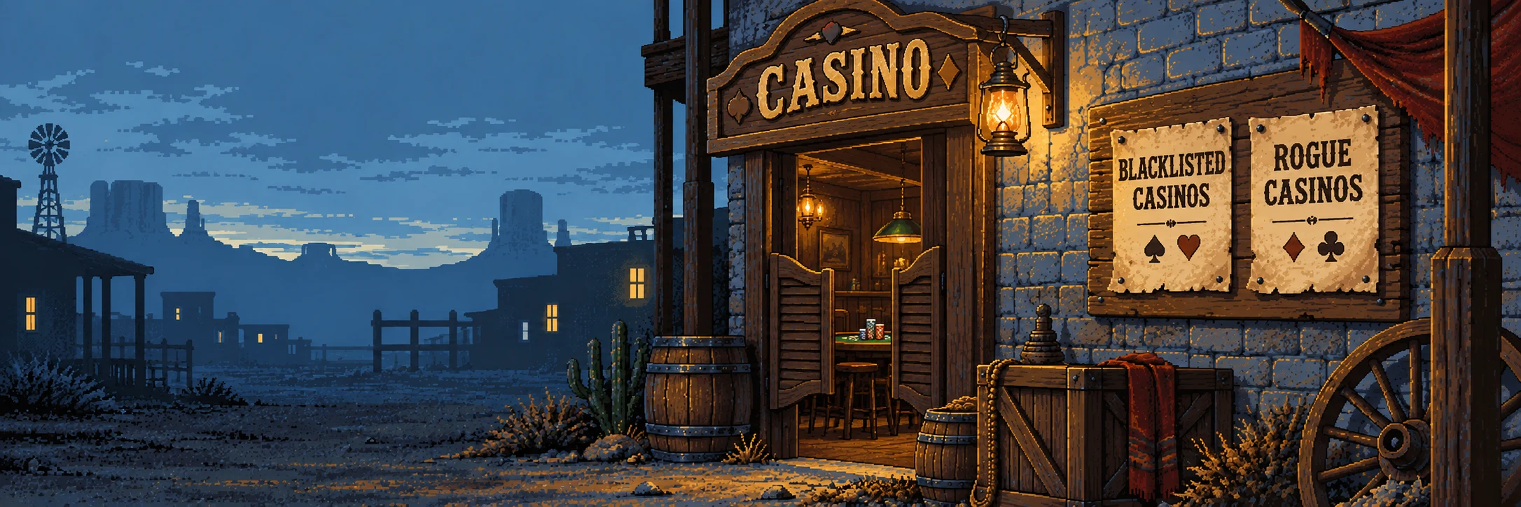 Blue-toned pixel-art casino with open saloon doors and Blacklisted Casinos and Rogue Casinos posters