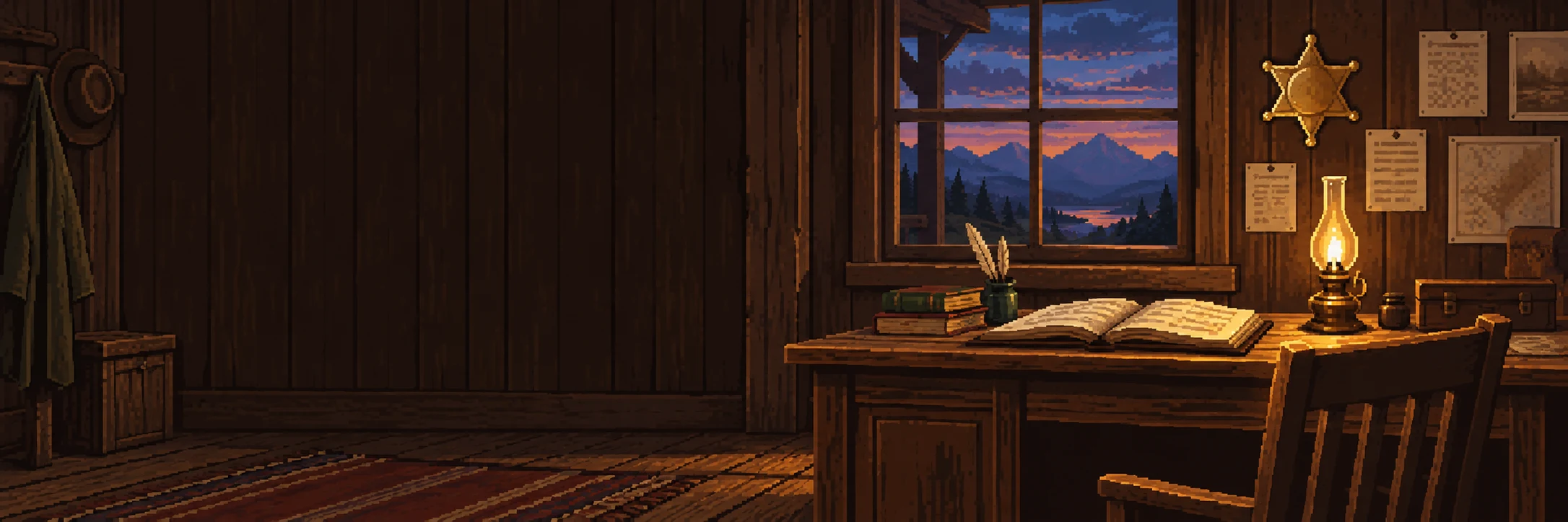 Pixel-art sheriff office with a ledger and lantern