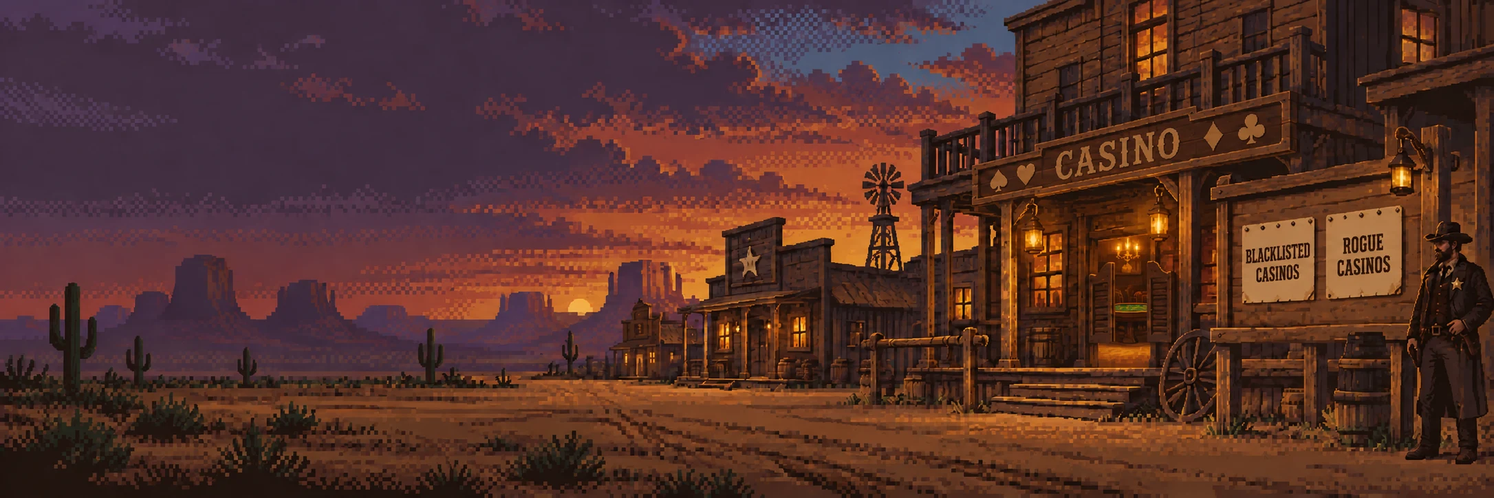 Pixel-art Western casino at dusk with Blacklisted Casinos and Rogue Casinos posters